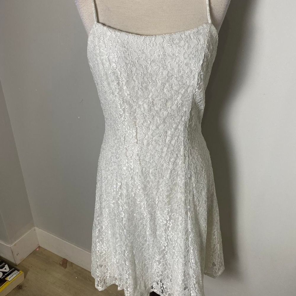 90s Vintage‎ White Lace Mini Dress – Spaghetti Straps Wedding Boho Cottagecore S